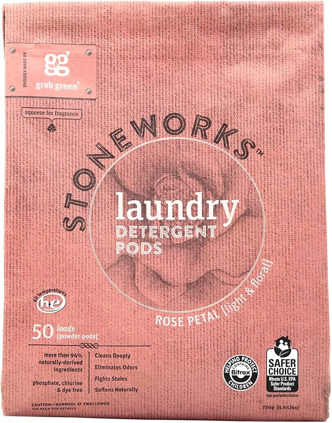 Grab Green Stoneworks Laundry Detergent Pods, 50 Count, Rose Petal | EPA Safer Choice; Plant & Mineral-Based; Fights stains; Eliminates odors; Softens naturally; No Harsh Chemicals