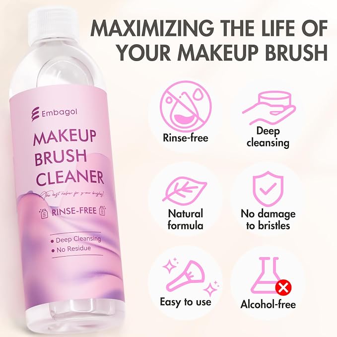 Makeup Brush Cleaner, Easily Remove Stubborn Makeup, Dirt & Impurities from Makeup Brushes, Rinse-Free & Quick Drying & Vegan & Cruelty-Free(250ml/8.45 fl oz)