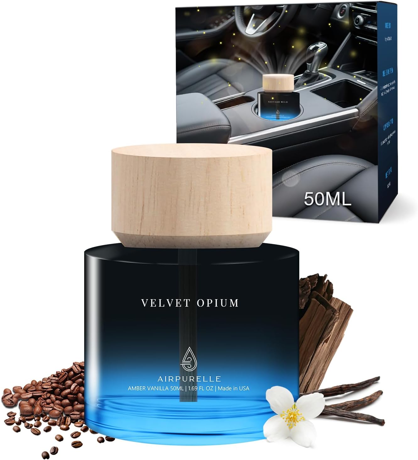 Car Air Freshener for Men & Women – Long-Lasting Amber Vanilla Essential Oil Diffuser for Car Cup Holder – 50ML (1.7 FL OZ) Car Scent Diffuser, Inspired by Perfume – Made in USA