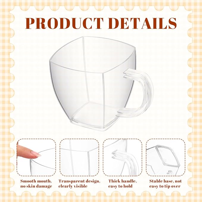 Amyhill 100 Pcs 5 oz Disposable Tea Cups Bulk with Handle Mini Hard Plastic Coffee Mug Square Disposable Espresso Cups for Tea Party Wedding Catering Dessert Sampling (Clear)