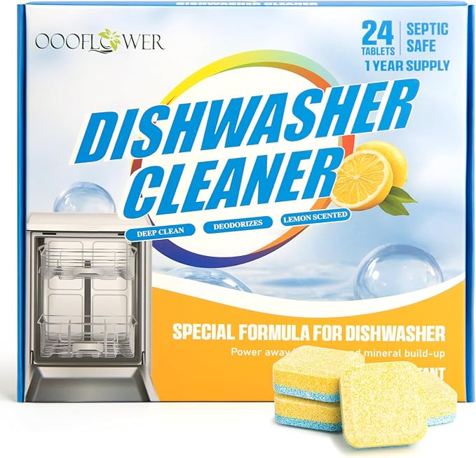 Broom and Dustpan Set+24-Count Dishwasher Cleaner Tablets, Deep Cleaning and Descaling Formula, Removes Odors, Scale, and Hard Water Residue, Maintains Dishwashers, Septic Tank Safe