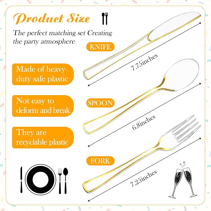 Minatee 150 Pcs Gold Plastic Silverware, Clear Disposable Cutlery Set Heavy Duty Utensil Sets 50 Forks 50 Knives 50 Spoons for Birthday Party Home Office School Picnics Restaurant Outdoor Events