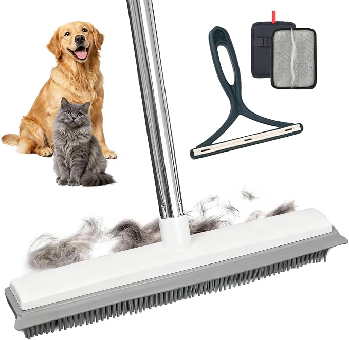 Carpet Rake for Pet Hair Removal, Adjustable Rubber Broom with Squeegee, 4-Piece Pet Hair Remover Kit with Gloves & Scraper for Dog & Cat Hair, Rugs, Couch, Car Seats