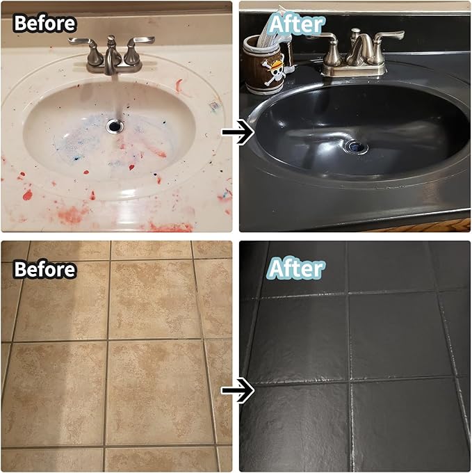 Ceramic Tile Bathroom Wall Bathtub Paint Sink Paint Refinishing Kit (Black 50-60sq.ft), Easy of Use Tub Resurfacing Bathroom Sink Tub Kitchen Countertop, Low Odor No Toxic And Tile Refinishing Kit