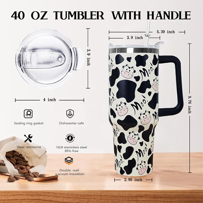 Ceovfoi 40 Oz Cow Tumbler With Handle,Cow Print Coffee Travel Mug Cup Water Bottle,Cow Print Decor,Cow Gifts for Women
