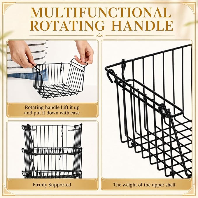 8 Pack Small Stackable Metal Wire Storage Baskets with Handles Bulk 6.5" L x 5.1" W x 3.5" H Mini Black Metal Wire Pantry Storage Bins for Countertop, Cleaning Supplies, Sauce, Toiletries
