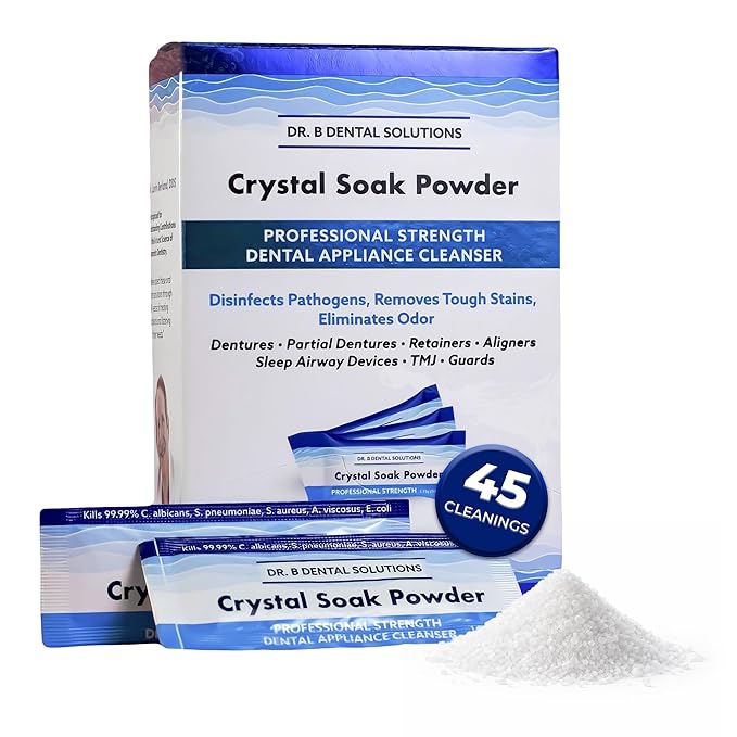 Dr. B Dental Solutions Powder Crystal Soak Cleanser, Ideal for Oral Appliances, Dentures, Night Guards, Retainers, Aligners, and Sleep Apnea Devices - 45 Single Use Packets