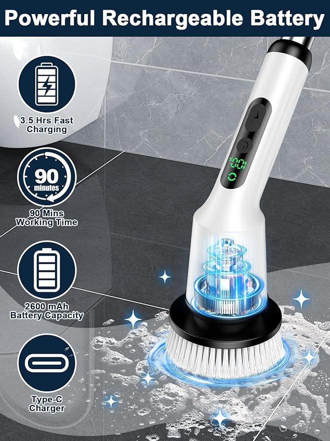 Electric Spin Scrubber for Cleaning Bathroom, Shower Scrubber Cordless Cleaning Brush with IPX7 Waterproof & 2 Speed, 8 in 1 Cleaning Brush Cleaning Supplies for Shower Tub Kitchen Tile Toilet White