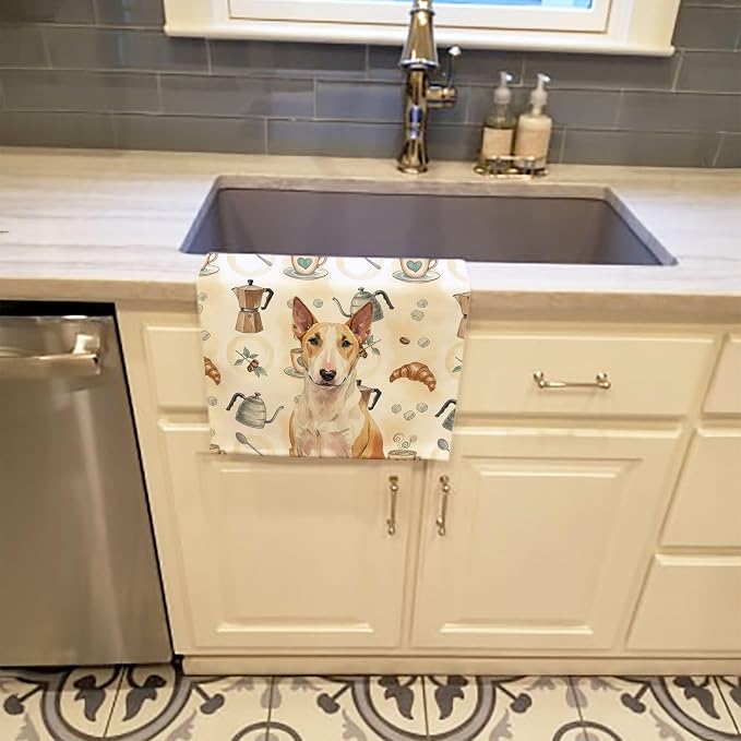 Caroline's Treasures Fawn and White Bull Terrier Coffee Bar Kitchen Towel Velour Plush Front and Cotton Loop Back Machine Washable