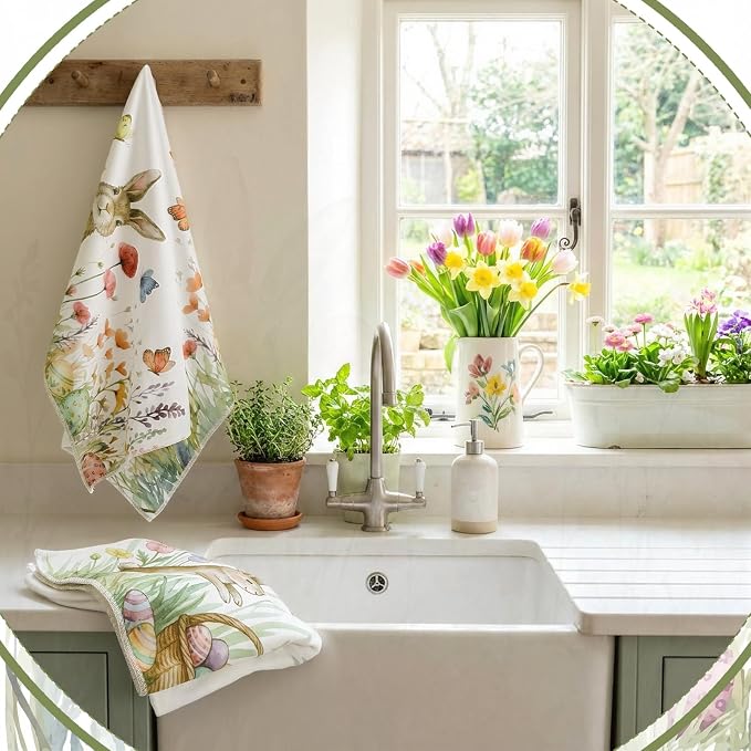Tegeme 4 Pcs Spring Bunny Wildflowers Kitchen Towel Retro Vintage Flowers Dish Towels 18 x 26 Inch Floral Decorative Hand Tea Towel for Bathroom Baking Cooking Cleaning Holiday Party Supplies