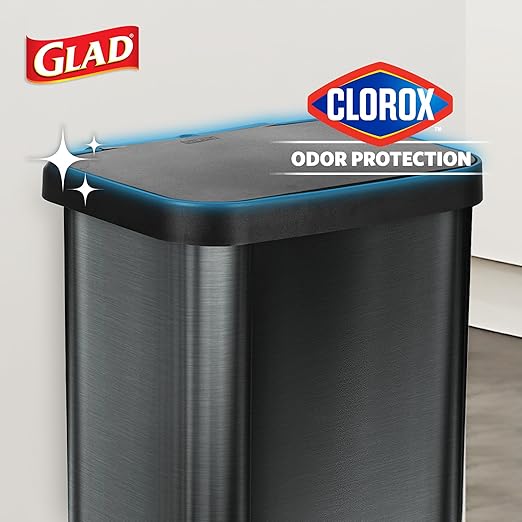 Glad 13 Gallon Stainless Steel Trash Can with Clorox Odor Protection | Large Metal Kitchen Garbage Bin with Soft Close Lid, Garbage Bag Rings, Step On Foot Pedal and Waste Bag Roll Holder, Pewter