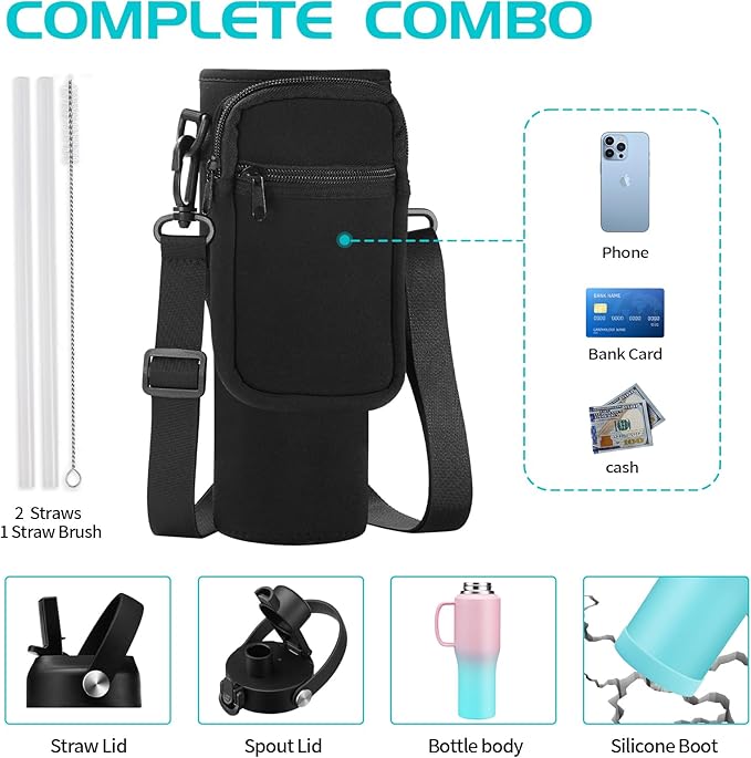 32oz Insulated Water Bottle - with Straw & Spout Lid, Strap Carrier Bag, Cold-48H & Hot-24H, Stainless Steel Travel Cup with Handle, Reusable Slim Metal Water Bottle for Car Travel Cycle Gym