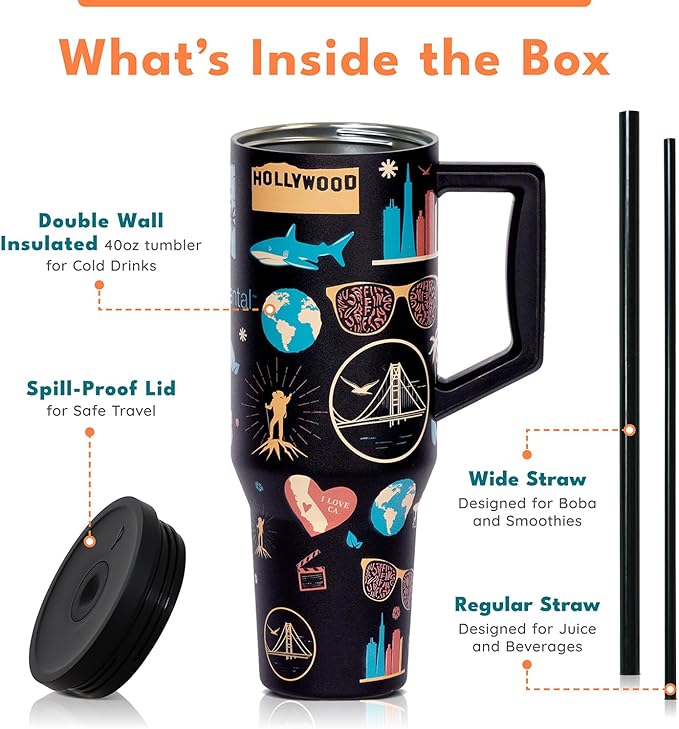 Elemental 40 oz Tumbler with Handle and Straw - Spill Proof Insulated Stainless Steel Commuter for Cold Beverages - Travel Coffee Mug with 2 Straws & Spill Proof Lid - 40oz-California Dreaming
