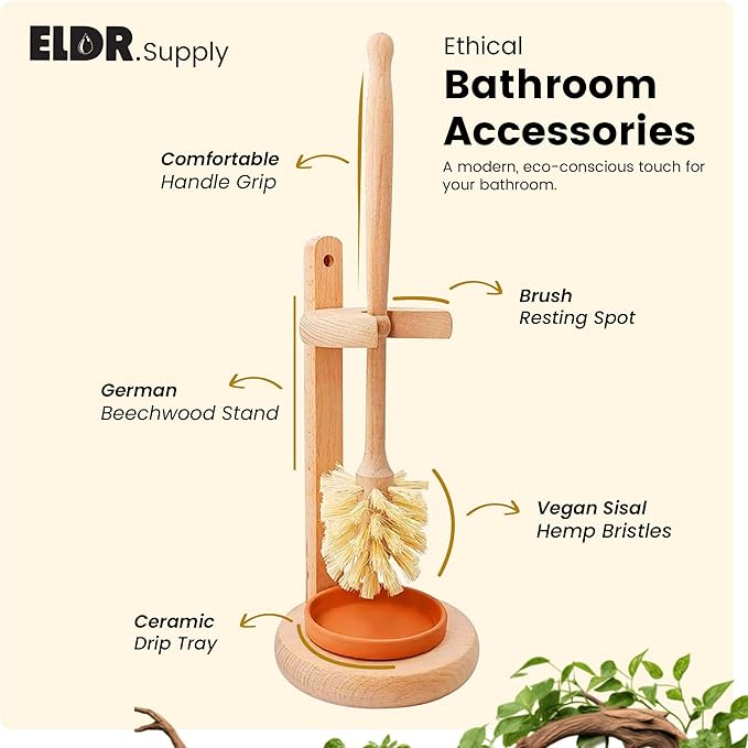 ELDR Supply Toilet Bowl Cleaner Brush with Holder, 14 Inch Extra Long German Beechwood Handle, Strong Hemp Bristles, Ceramic Drip Tray, Biodegradable