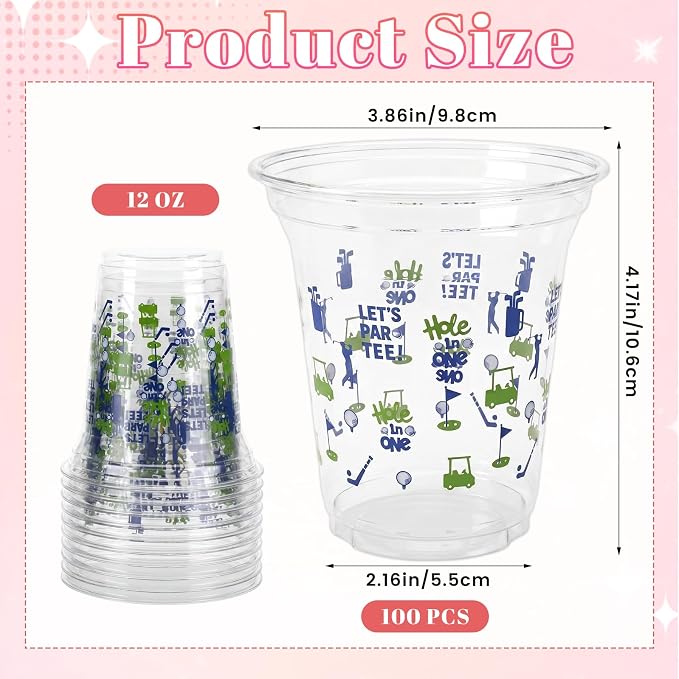 100 Pack 12 oz Golf Cups, Golf Party Decorations, Disposable Clear Plastic Cup, Party Supplies for Birthday Sports Themed Team Events Holiday Gatherings