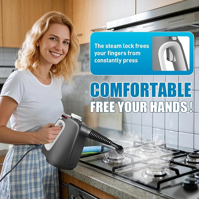 Pressurized Handheld Steam Cleaner with 14 PCS Accessories&Safety Lock, Multi-Purpose Hand Steamer for Cleaning, Portable Steam Cleaner for Home,Car,Grout,Furniture,Bathroom,Kitchen,Tiles&Couch