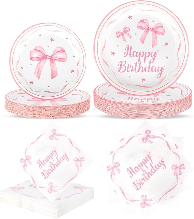 Pink Bow Birthday Party Supplies 108 Pcs Pink Bow Plates Napinks Coquette Birthday Decorations Bow Tableware Decorations Serves 36 Guest for Girls Bachelorette Bridel Party Decor