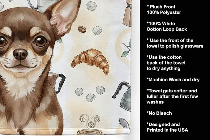 Caroline's Treasures Chocolate Chihuahua Coffee Bar Kitchen Towel Velour Plush Front and Cotton Loop Back Machine Washable