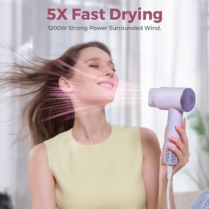 Dual Voltage Hair Dryer for Worldwide Travel, High-Speed Travel Hair Dryer for 5X Faster Drying, 200M Negative Ions, 0.69lb Portable Blow Dryer for Salon Results at Home & Abroad S4AT (Purple Dryer)