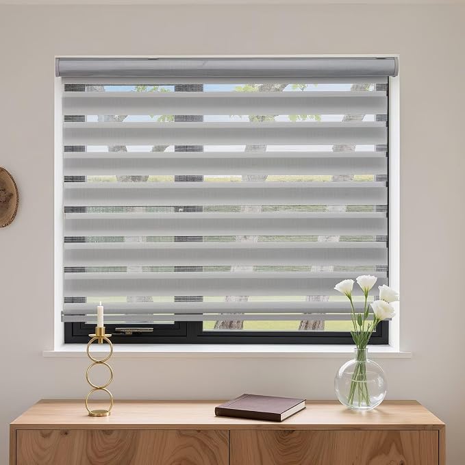 MYshade Cordless Zebra Blinds with Free-Stop Function - Dual Layer Light Filtering & Privacy Sheer Shades for Day and Night - Easy Install Window Shades for Home, Living Room, 44" W x 72" H,Grey