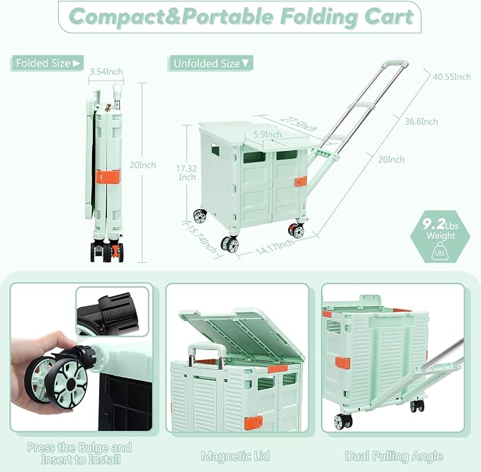 FELICON SELORSS Folding Utility Cart Rolling Crate Tote Basket Box Storage Handcart on 4 Swivel Wheels with Adjustable Handle Extended Magnetic Lid for Teacher Move Shop Travel Grocery Office(Green)