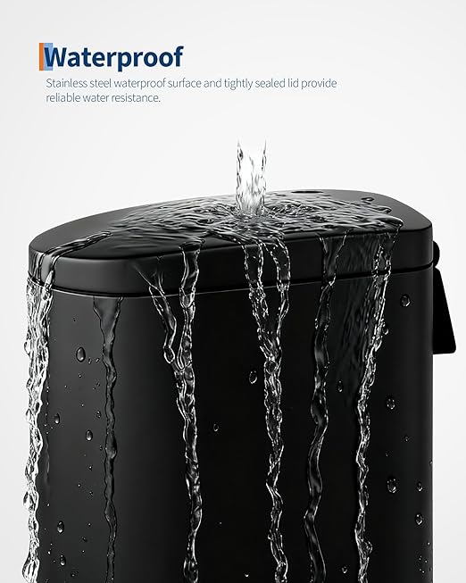 Garvee 2.6 gal / 10 L Metal Bathroom Trash Can with Lid, Slim Waterproof Garbage Can for Bedroom, Small Step-on Trash Bin with Inner Bucket, Rear Handle, Soft Close Lid, Black
