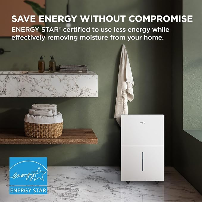 TCL 25-Pint Capacity Quiet, Energy Efficient Portable Dehumidifier, Precise Humidity Control, Bucket or Continuous Drain, Compact Humidity Absorber for Home, Attic, Garage & Rooms up to 2000 Sq Ft