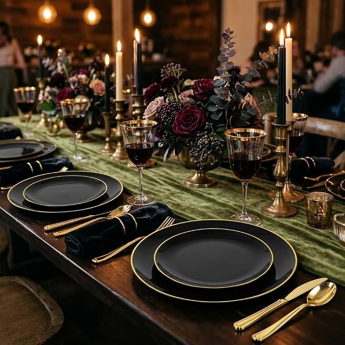 I00000 150Pcs Black Plastic Plates, Black Disposable Plates, Heavy Duty black plates for 30 Guests,Plastic Dinnerware Set Include 30 Dinner Plate,30 Dessert Plate,90 Gold Cutlery Set for Party