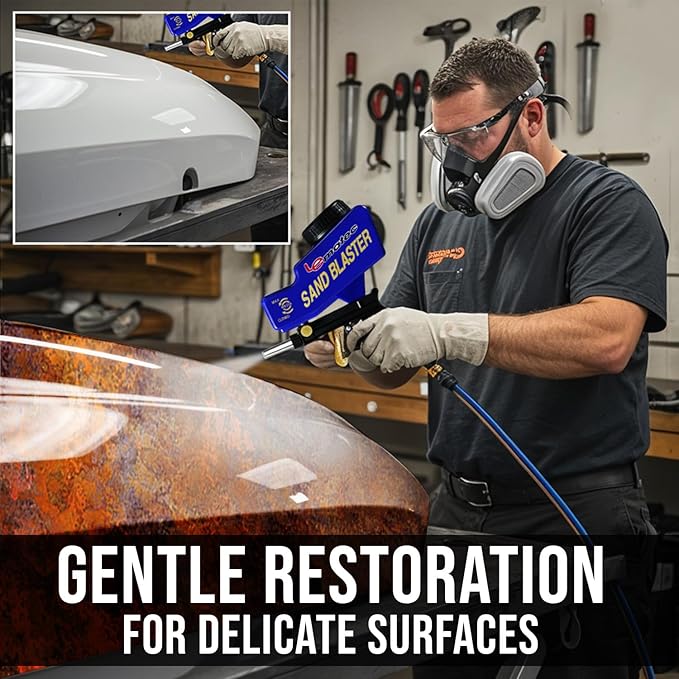 LE LEMATEC Sand Blaster Gun Kit for Air Compressor - Portable Sandblaster for Paint & Rust Removal, Metal, Wood, Auto Surface Prep, Works with Soda Sand Walnut Media, 150 PSI Gravity-Fed