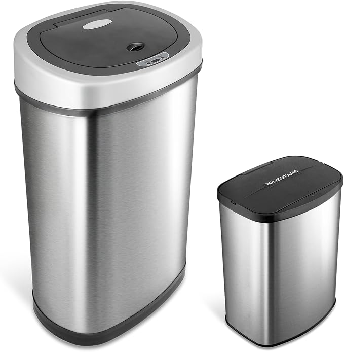 NINESTARS CB-DZT-50-98-1C Automatic Touchless Motion Sensor Oval & Rectangular Trash Can Combo Set, 13.2 Gal. 50 L. & 2.1 Gal.8 L., Stainless Steel