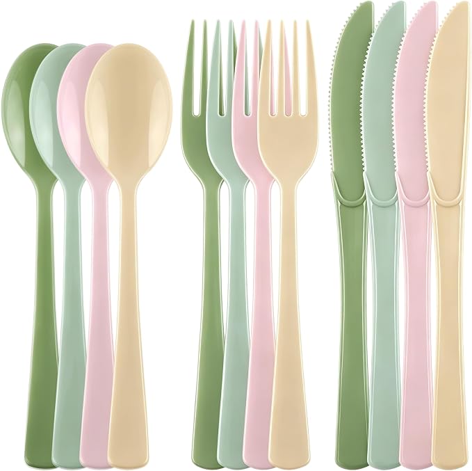 Kochorie 300 Pieces Sage Green and Pink Plastic Silverware, Disposable Plastic Utensils, Heavy Duty Cutlery Set Heavyweight Flatware Includes Spoons Forks Knives for Birthday Wedding Party Supplies