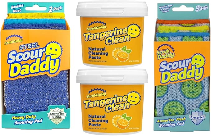 Scrub Daddy Deep Clean Kit - Scour Daddy Scour Pads (3ct), Steel Scrubbing Sponges (2ct) & Tangerine Multi Surface Cleaner (2ct) - Kitchen + Household Cleaning Supplies Pack (7 Pieces Total)