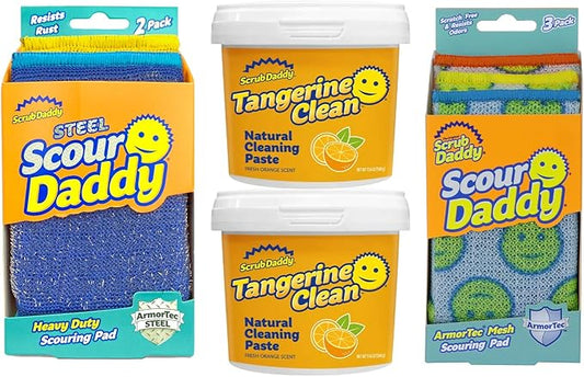 Scrub Daddy Deep Clean Kit - Scour Daddy Scour Pads (3ct), Steel Scrubbing Sponges (2ct) & Tangerine Multi Surface Cleaner (2ct) - Kitchen + Household Cleaning Supplies Pack (7 Pieces Total)