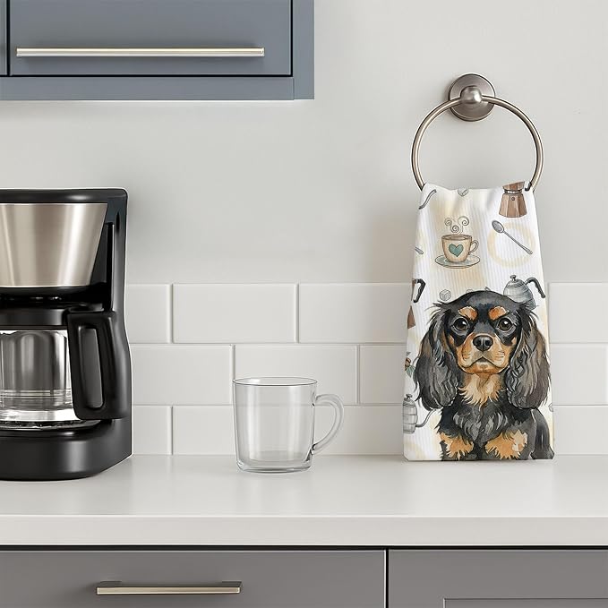 Caroline's Treasures Black and Tan English Toy Spaniel Coffee Bar Kitchen Towel Velour Plush Front and Cotton Loop Back Machine Washable