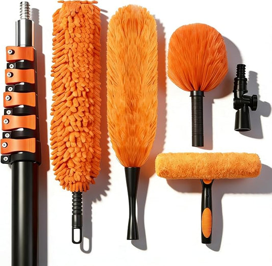 30FT High Reach Duster Kits with Dual Action Flip-Lock & Screw Fixing Design, 5-24FT Extension Pole, Cobweb Duster, Washable Ceiling Fan Cleaner & Window Squeegee for Glass & High Roof