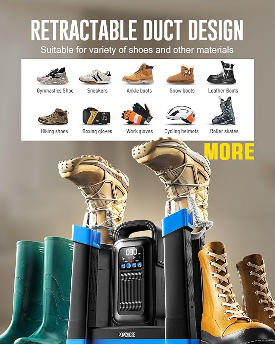 POPCHOSE Boot Dryer with Ozone Deodorizer, 1.5H Fast Drying Shoe Dryer, Silent & Adjustable Timer, Forced Heat Boot Warmer