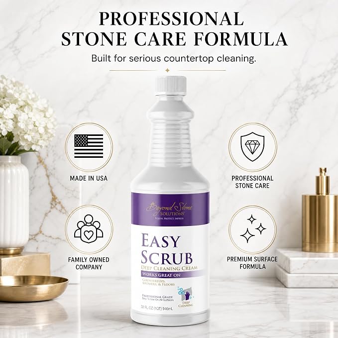 Stone Cleaner and Polish That Restores Shine, Deep Cleaning Cream for Quartz, Marble & Quartzite Countertops, Travertine Cleaner & Stone Shower Cleaner, Removes Buildup, Water Spots & Grease, 32 oz