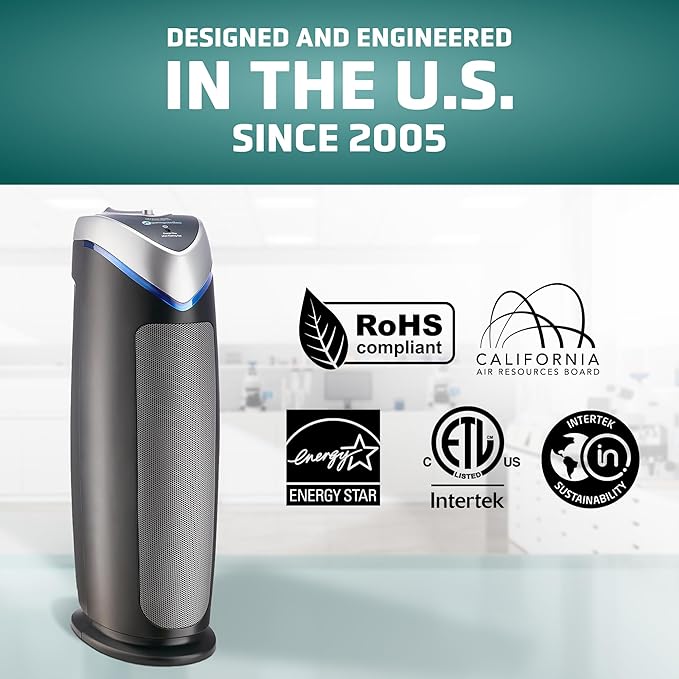 GermGuardian HEPA Air Purifier - Large Room Air Purifier for Bedroom, Office, Dorm, and Home - Filters Pet Dander, Dust, Pollen, Smoke, Scents - AC4825E - 22" Tower - Gray