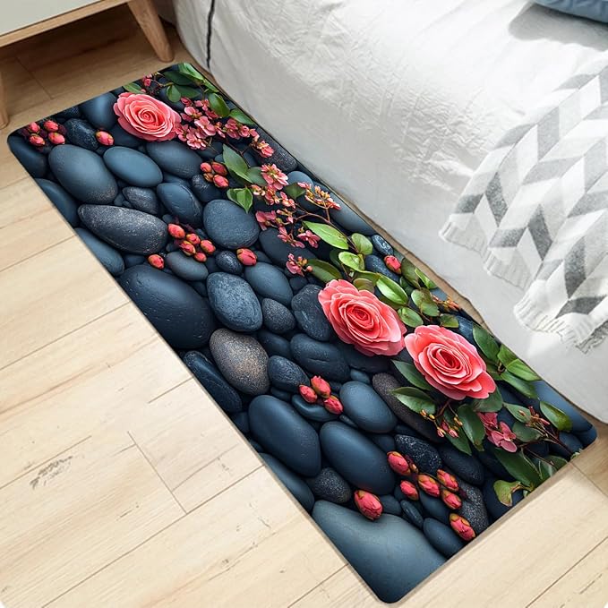 WODEJIA Non Slip Bath Rugs Sponge Foam for Bathroom,Flannel Mat Rug for Living Room, Absorbent MatS for Forlaundry Room and Kitchen,Cobblestone Red Flowers Welcome Mat 47x18 Inches