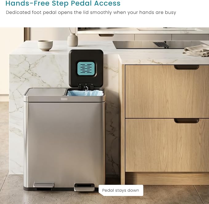 Home Zone Living 16 Gallon Kitchen Trash Can with Dual Compartments | Stainless Steel with CleanAura Odor Control, Soft-Close Step Pedal Lids for Recycling, Silver