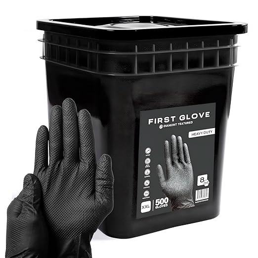 First Glove 8 Mil Black Nitrile Gloves Bucket - 500 Count 2X-Large Raised Diamond Textured Heavy Duty Industrial Gloves for Automotive & Mechanic Work - Latex Free, Powder Free, Bulk
