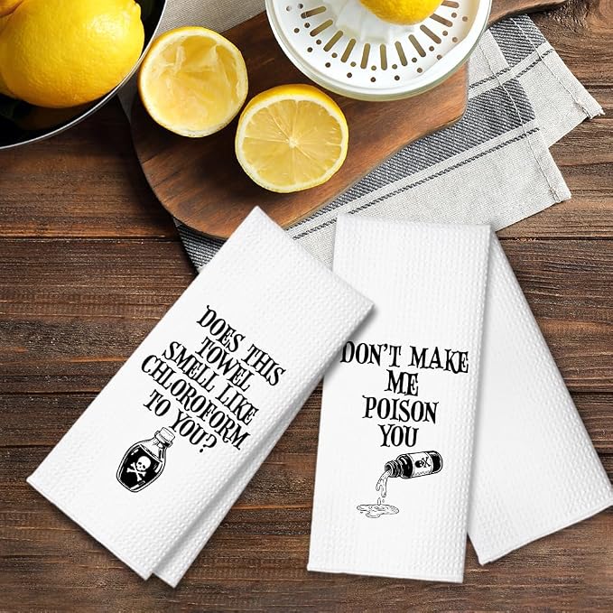 Don’t Make Me Poison You Kitchen Towels 2 Pack, Funny Halloween Horror Kitchen Decor, Baking Flour Sack Dish Towels Gifts for Women Mom Hostess, New Home Sarcastic Gifts for Neighbor Friend