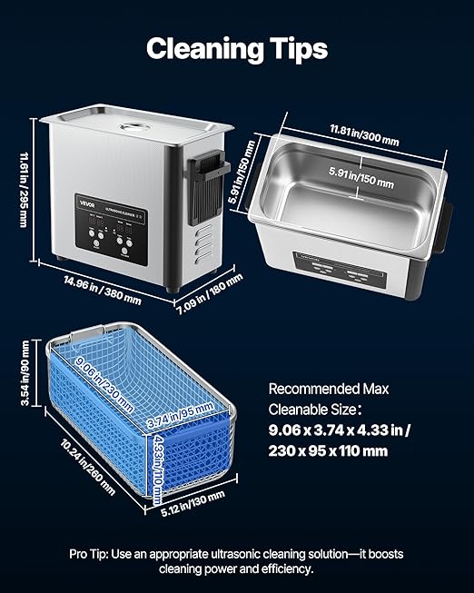 VEVOR 6L Ultrasonic Cleaner, Professional Ultrasonic Cleaner Machine with Cleaning Basket & Digital Display, 120W Stainless Steel 40kHz Cleaning Machine for Watches, Razors, Jewelry, Coins and More