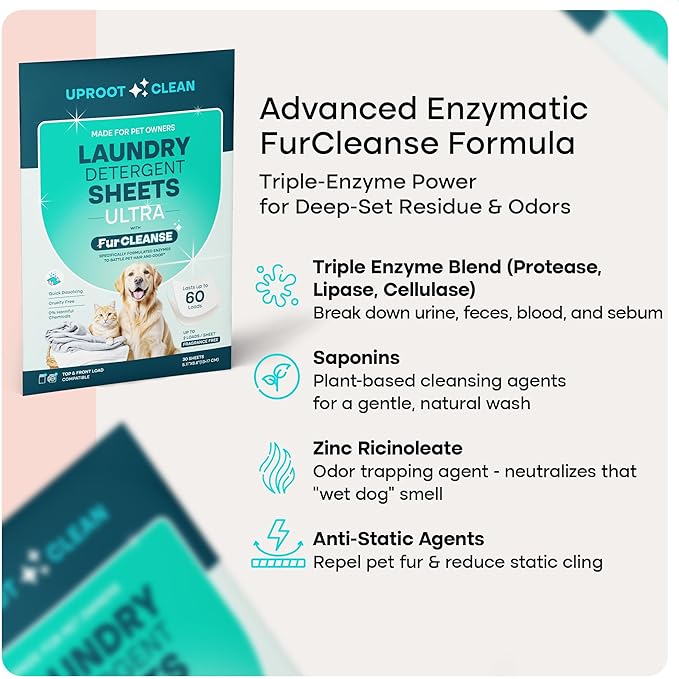 Uproot Clean Laundry Sheets Ultra - 90 Pack - Fragrance-Free: Extra-Large Enzyme-Powered Laundry Detergent Sheets Made in USA - Eliminate Clinging Fur, Pet Odors, & Messy Residue - Up to 180 Loads