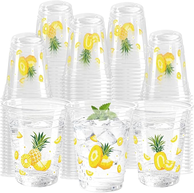 100 Pack Pineapple Plastic Cups 12 oz Pink Yellow Fruit Disposable Cup Clear Pineapple Summer Spring Party Favor Drinking Cold Beverage Cup for Tropical Party Supplies