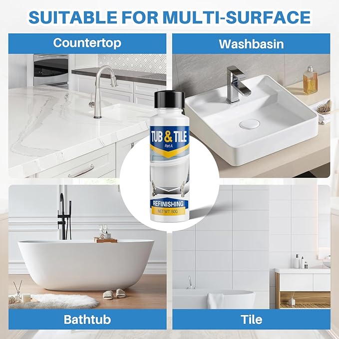Tub and Tile Paint, 1.3 oz Tub Paint for Bathtub, 1-Part Bathtub Touch Up Paint White for Sink Bathroom Kitchen Countertop, Water Based & Low Odor, Semi-Gloss white, 1.5-1.7 sq ft (No Need Part B)