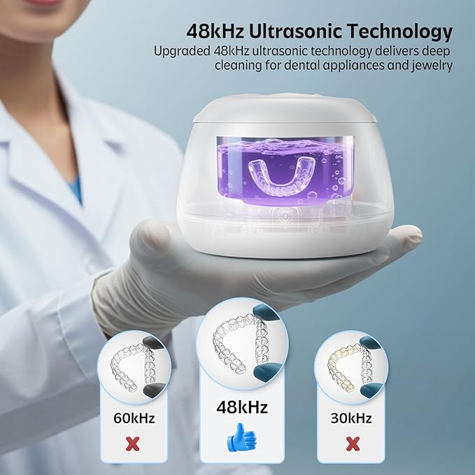 Ultrasonic Retainer Cleaner Machine 48kHz Denture and Aligner Cleaning Pod for Mouth Guards Night Guards Dental Trays Braces Toothbrushes Jewelry with 200ML Capacity,Low noise