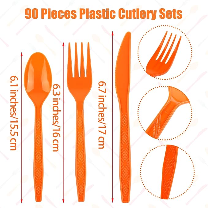 Kochorie 90 Pieces Thanksgiving Plastic Cutlery Set Disposable Orange Plastic Utensils Heavy Duty Flatware Set Includes 30 Knives 30 Forks 30 Spoons for Thanksgiving Party Wedding Birthday