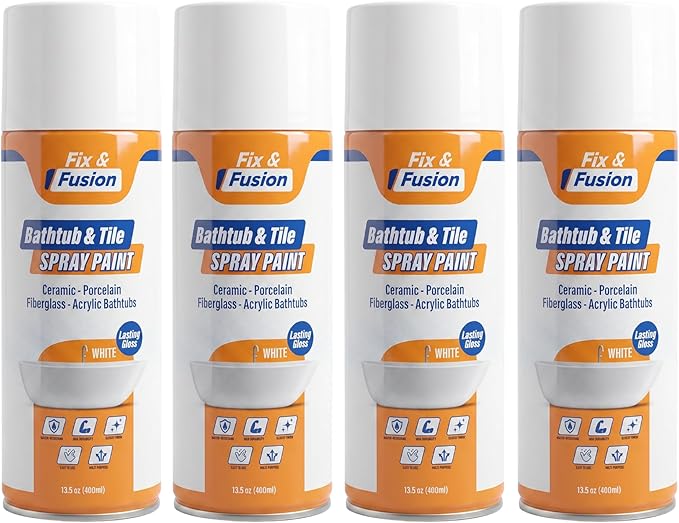 Fix & Fusion Bathtub & Tile Spray Paint, Multi-Surface Coating for Bathroom & Kitchen, High Adhesion, Water-Resistant, for Porcelain, Ceramic, Fiberglass, Countertops & More, White 13.5 oz (Pack of 4)