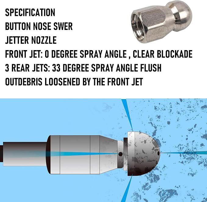 Hourleey Sewer Jetter Kit for Pressure Washer 200FT, Drain Cleaner Hose 1/4 Inch NPT, Orifice 4.0 Button Nose and Rotating Sewer Jetting Nozzle Spanner Tape Pearl Corsage Pin, 4000 PSI